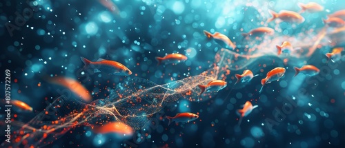 Digital visualization of a school of fish moving through data clouds representing strategic business analysis