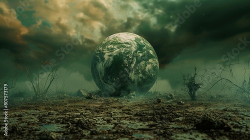 A symbolic image of a healthy planet Earth transforming into a barren wasteland