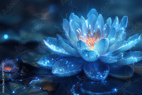 Beautiful glowing blue lotus flowers on water, fantasy background, glowing lights in the dark night sky. Created with Ai