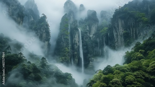 A scenery view with very big mountains. There are waterfall and fog among the mountains. Generative AI.