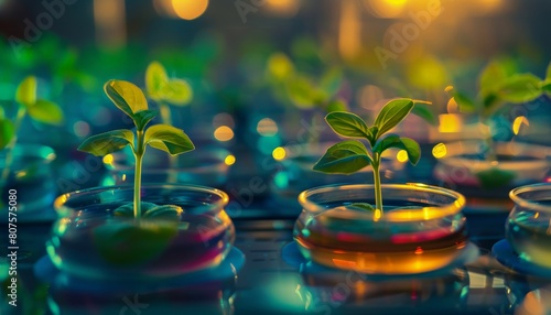 Seedlings glowing in colorful petri dishes in a hightech laboratory, representing advancements in plant science