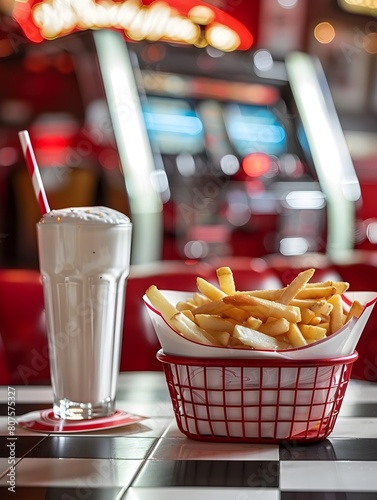 Retro Diner Inspired Display of French Fries Milkshake and Jukebox in the Background