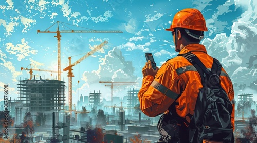 Engineer holding a walkie-talkie in front of a construction site