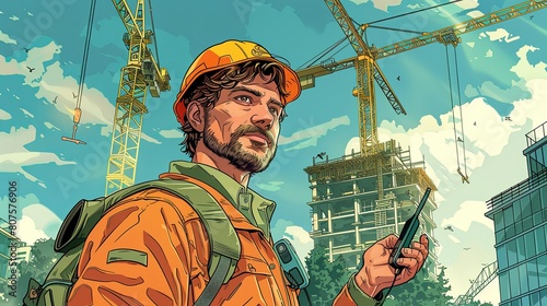 Engineer holding a walkie-talkie in front of a construction site