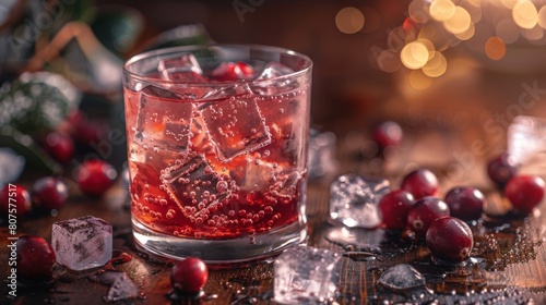 Frozen in Time - Create a scene with a glass of cranberry juice with ice cubes melting slowly, evoking a sense of paused time.