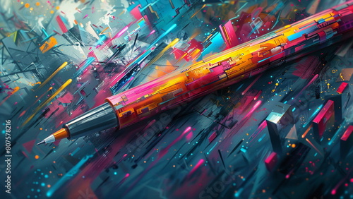 a stylized handwritten pen with colors and shapes, in the style of futuristic realism, luminous 3d objects, vibrant color usage, sharp & vivid colors, pattern explosion, detailed character illustratio