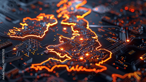 Glowing circuits in United Kingdom map shape 