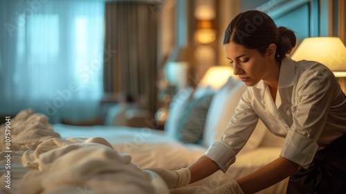 Housekeeping Operations, Housekeeping staff cleaning and setting up a luxurious suite, emphasizing the high standards of service.