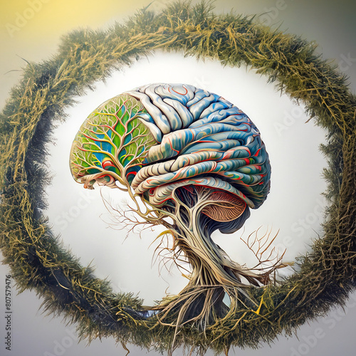 둥근 식물 화환에서 자라는 뇌의 초현실적 이미지