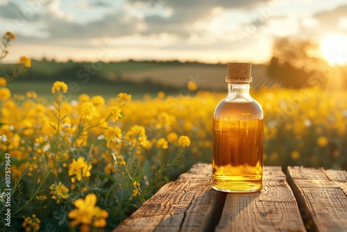 A wooden table with an array of rapeseed blossoms and a glass bottle comprising rapeseed oil is set over a setting of yellow fields blooming lovely and space, Generative AI.