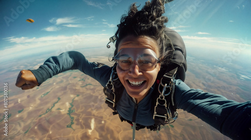 A young woman with a smile is jumping with a parachute. She feels happy and excited while she's in the sky and free-falling. This is skydiving