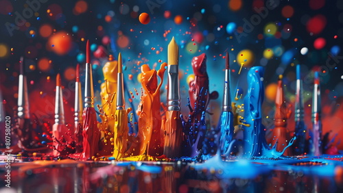 photorealistic cool and modern website banner background, representing generative art, abstract, colorful, inspiring, 3D rendering, many different miniature art supplies stuck to the background, color
