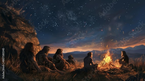 Sketch of early Homo sapiens gathered around a crackling fire, exchanging stories and sharing meals under a starlit sky, evoking a sense of community and warmth