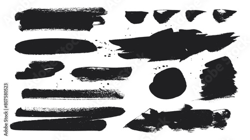 Grunge brush stroke collection. Bundle of different ink brush strokes rectangle, square and round freehand drawings