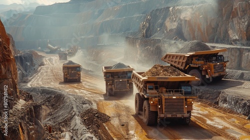 Material Transportation, A convoy of loaded haul trucks moving along dirt roads within the mine, showcasing the logistics of moving ore.