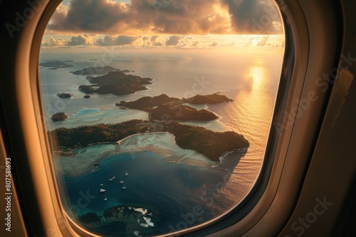 View from airplane window on sunset above tropical island with sea and islands in the background.