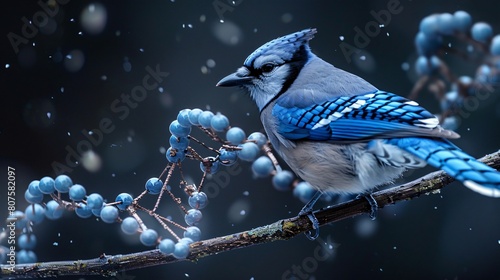 A blue jay is perched on a branch. The branch also has a blue double helix on it.