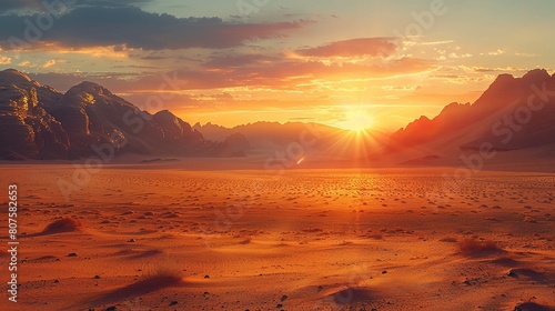Desert landscape bathed in the soft light of dawn, with the sun rising over the horizon 