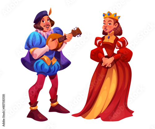 Queen and court musician characters set isolated on white background. Vector cartoon illustration of male composer playing guitar, female in royal golden crown and red gown, carnival costumes design