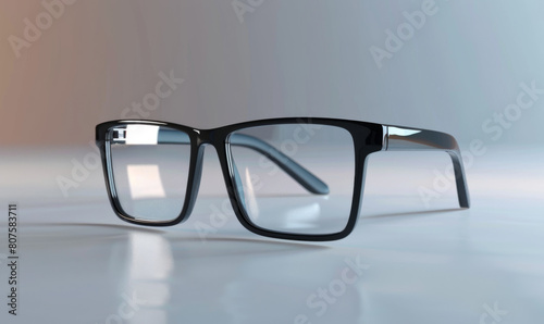 3D rendered creatively designed glasses, ad mockup isolated on a white and gray background.