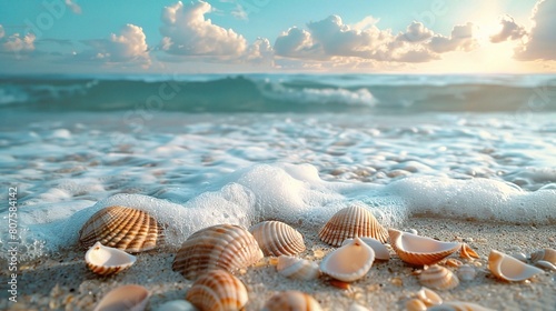 Seashells and sand scattered along a sunny beach with gentle waves lapping at the shore