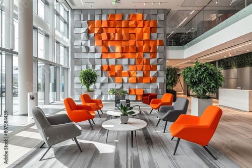 Modern office lobby wall, orange and grey