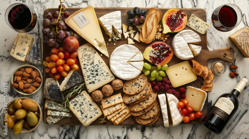 A table with a variety of cheeses, fruits, and crackers