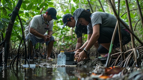 Research and Monitoring Scientists researching the accumulation and impacts of plastics on the mangrove ecosystem, using equipment to analyze water and soil quality.