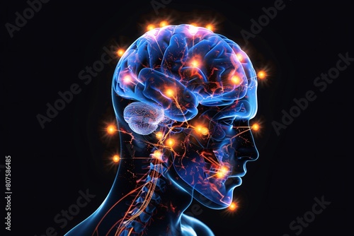 a blue human brain with orange lights