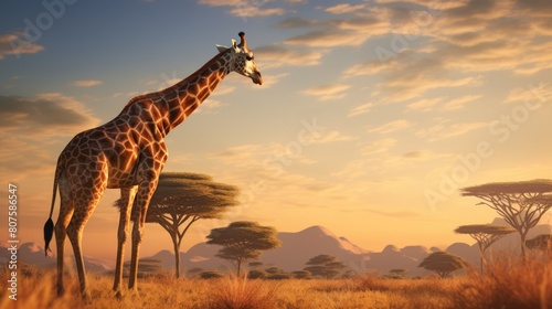 A graceful giraffe towering over the African landscape, 