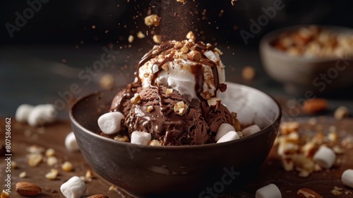 Rocky road ice cream melting, with marshmallows and nuts, against a dark chocolatey background lightened to fit the minimalist style