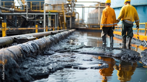 Sludge Treatment, Workers monitoring dewatering equipment processing the sludge into a manageable solid.