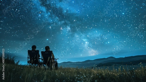  cozy scene of a couple cuddled up on camping chairs, sharing a beer and gazing at a starry night sky above a vast grassy field, with the faint sounds of crickets chirping in the background. 