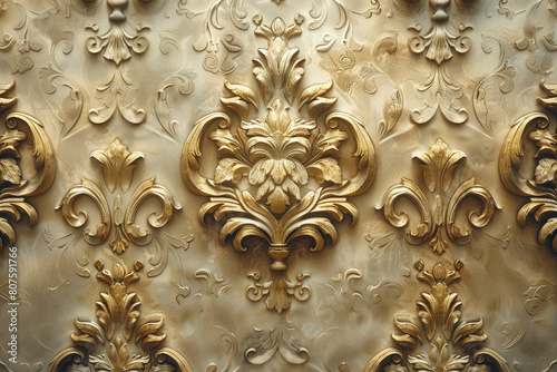 Luxury damask wall paper with intricate details, dark brown and gold color palette. Created with Ai