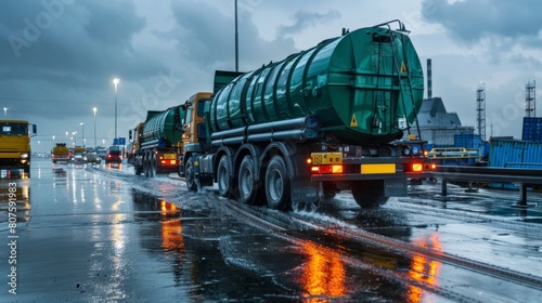 Transportation of Industrial Waste, Depict large, secure trucks transporting sealed containers of hazardous waste from factories to treatment facilities, focusing on logistics and safety protocols.
