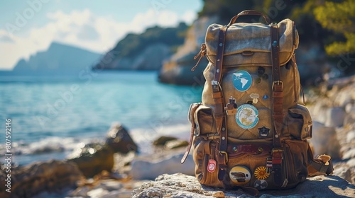 Travel Backpack, Close-up of a well-worn travel backpack with travel stickers from around the world, set against a sunny beach backdrop.