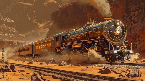Visualize a steam-powered Victorian era train traversing Mars rocky terrain, with advanced holographic guides, in a vibrant steampunk-meets-sci-fi illustration style