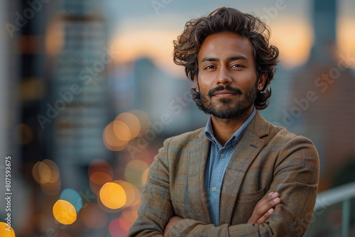 A portrait of an Indian man in his late thirties, standing on the rooftop terrace with the city lights blurred behind him. Created with Ai