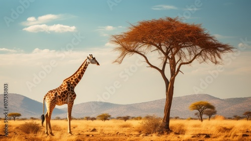 A lone giraffe gracefully reaching for the leaves of a high acacia tree,