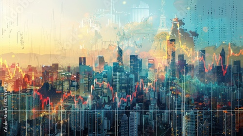 thought-provoking photorealistic image of a global stock market chart juxtaposed with a cityscape in various stages of development, highlighting the impact of finance on urban growth. 