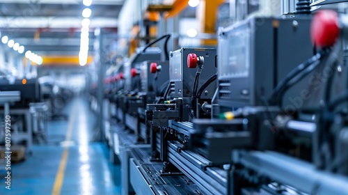 Horizontal color image of large group of automated injection moulding machines for plastic parts production