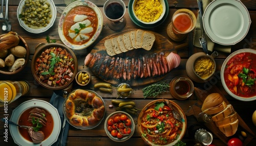 poster with grilled food, soup and other romanian food on a wood table in the middle. no cutlery. restaurant theme