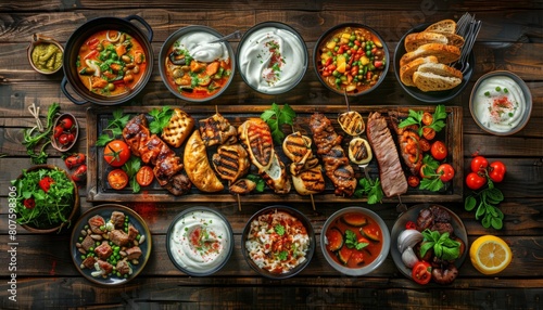 poster with grilled food, soup and other romanian food on a wood table in the middle. no cutlery. restaurant theme