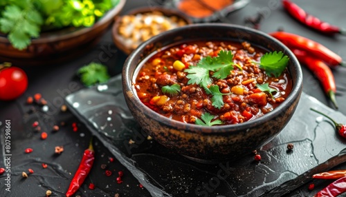photo shot a bowl of chili sitting on top of a table, hurufiyya, detailed product image, zmonzheng, deep impasto, food photograph, top view, copy space
