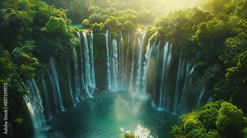 A waterfall in a jungle. The waterfall is in the background with bright light coming from behind it.