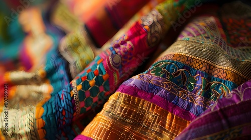 A close up of a colorful piece of cloth with intricate patterns and textures, showcasing a blend of rich tones and striking hues 