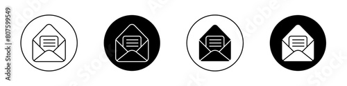 Envelope open icon set. open letter paper vector symbol. read newsletter mail sign. open email or mail web icon in black filled and outlined style.