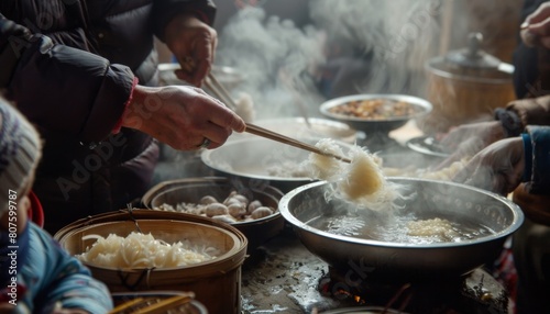 northeast china, showing people eating steaming laba garlic and laba porridge