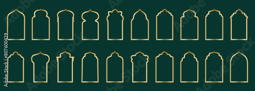 Gold arch frame shape Islamic door or window with geometric girikh pattern, silhouette Arabic arch. Luxury set in oriental style. Frames in Arabic Muslim design for Ramadan Kareem. Vector illustration