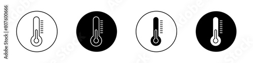 Temperature icon set. high and low temperature thermometer vector symbol. summer warm climate sign in black filled and outlined style.